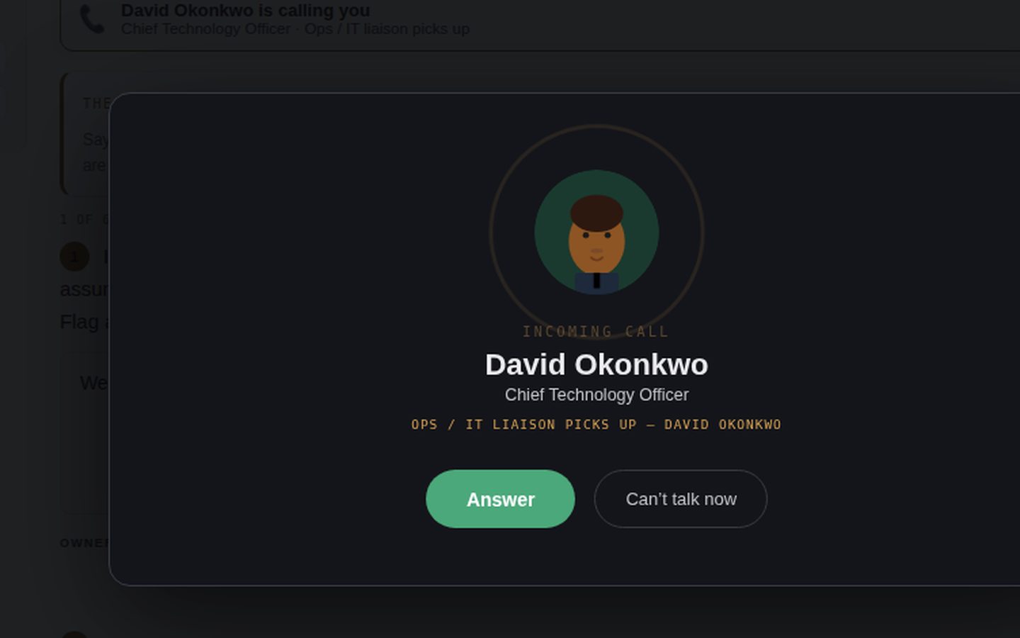 The incoming-call card over the room's screen: David Okonkwo, Chief Technology Officer, is calling